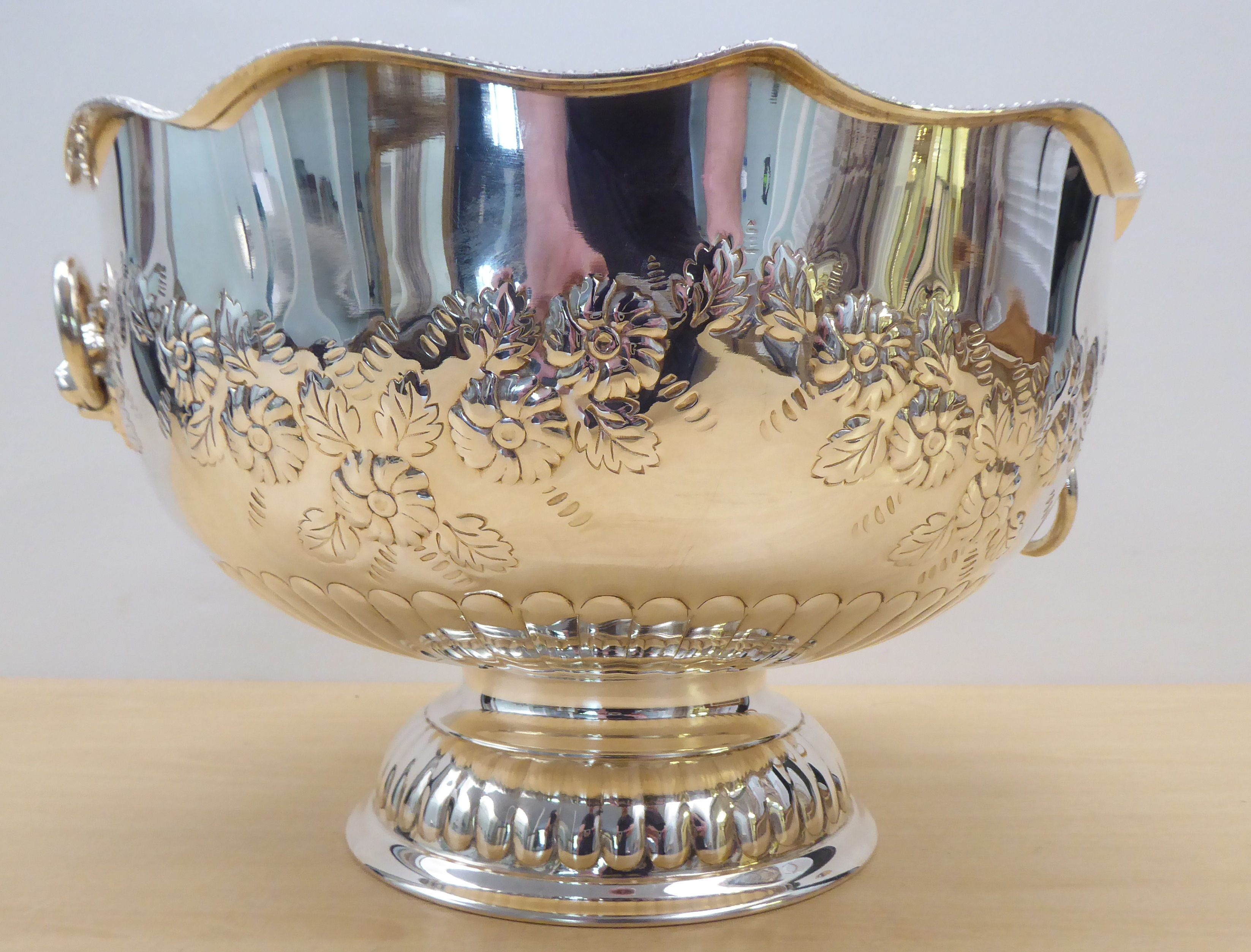 A Georgian design silver plated on copper pedestal punch bowl with opposing lion mask handles  8" - Image 2 of 4