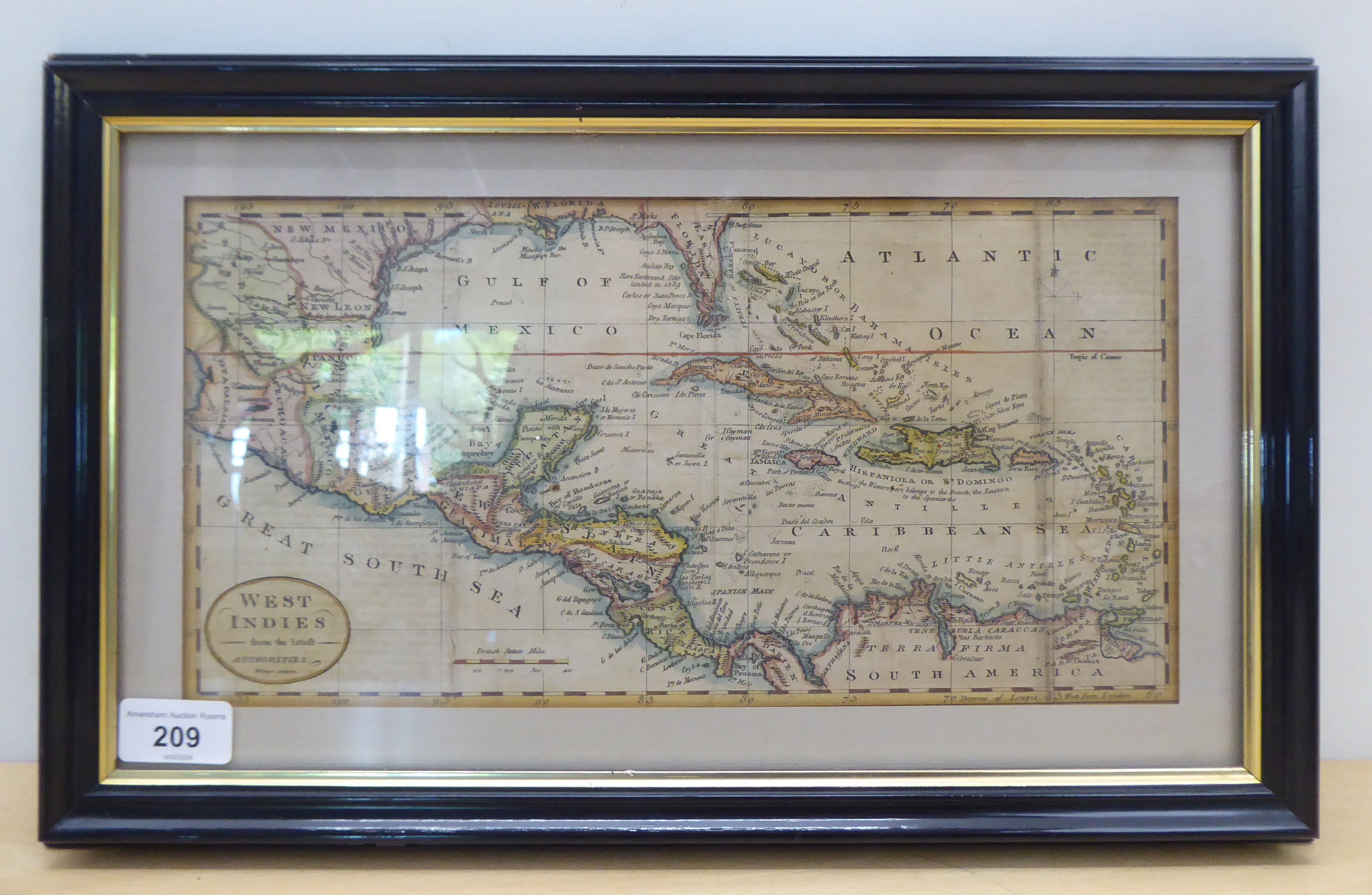 An early 19thC coloured map 'West Indies'  6" x 12"  framed