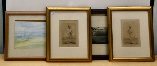 Four cricket themed pictures and prints: to include 'Box' and 'Wisden'  coloured prints  6" x 8"