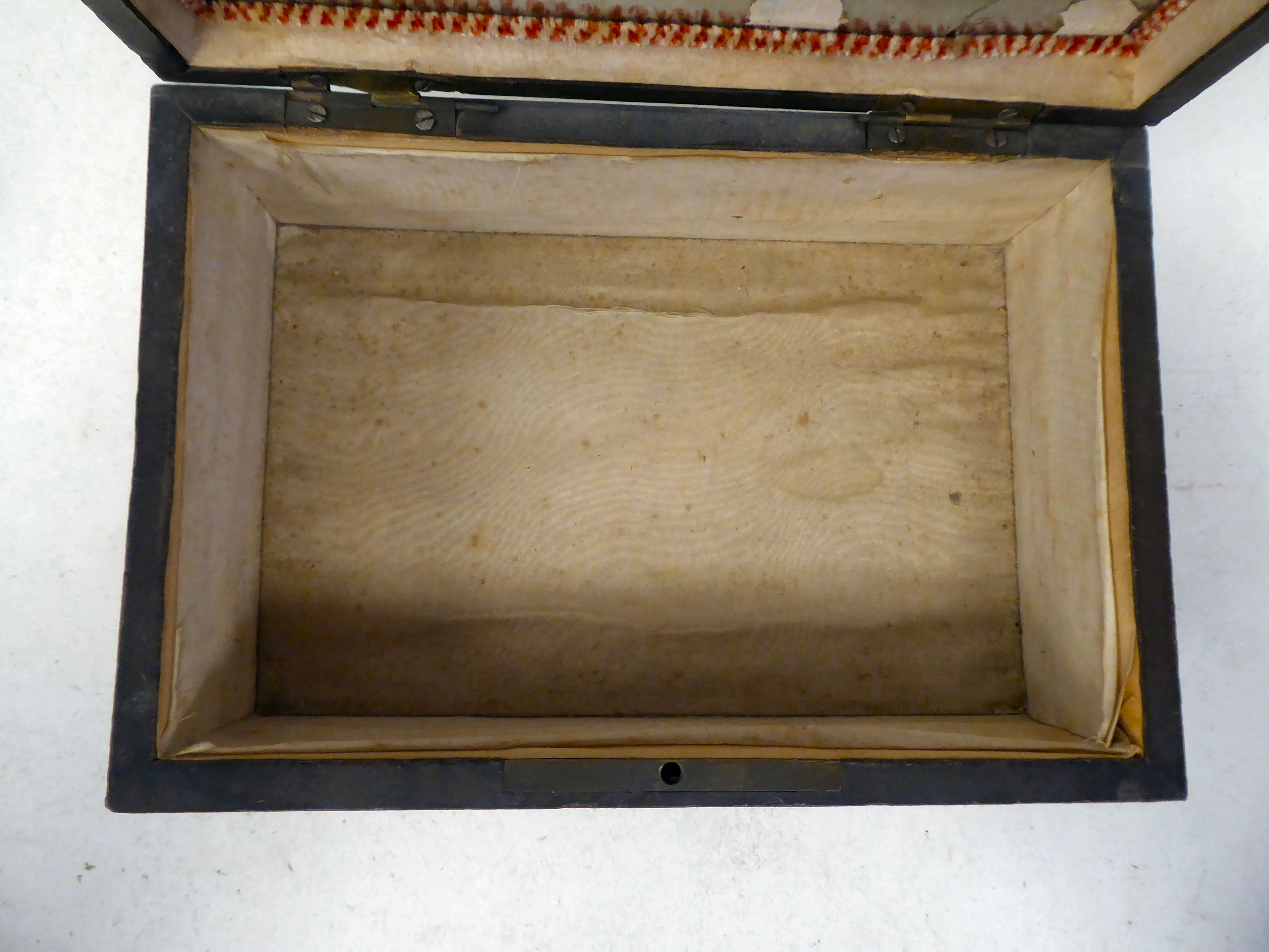 A mid 19thC casket, decorated in a variety of veneers with rivetted, angled metal reinforcement, - Image 3 of 4