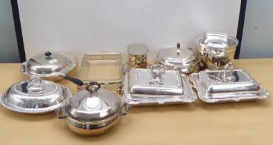 Silver plated tableware: to include a pair of tureens, a biscuit barrel and other items