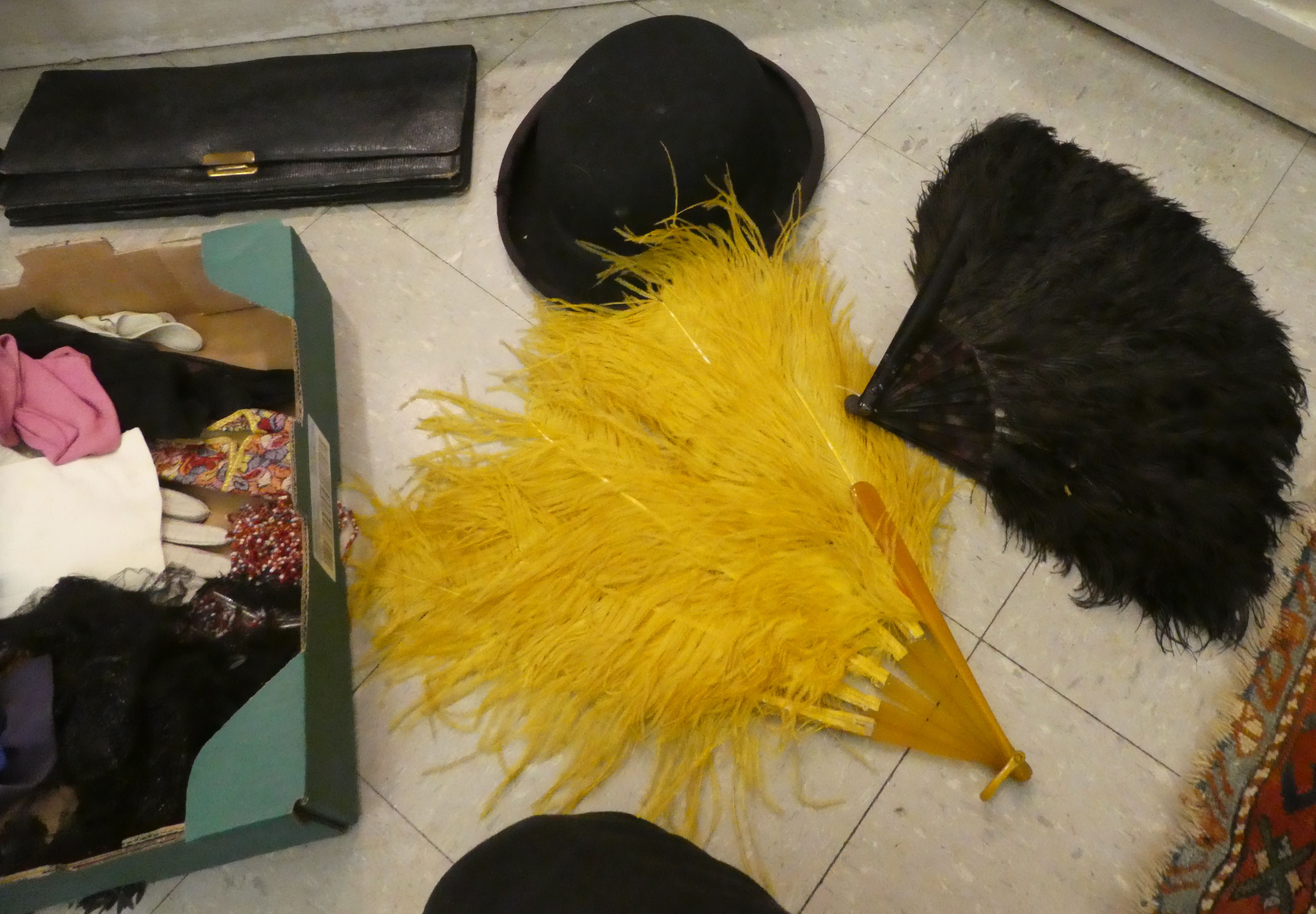 Textiles, some theatrical: to include a 1930s style black suede handbag; ostrich feather fans; - Image 2 of 3