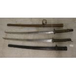 Two similar reproductions of World War II Japanese kutanas, the blades 25"L in lacquered scabbards