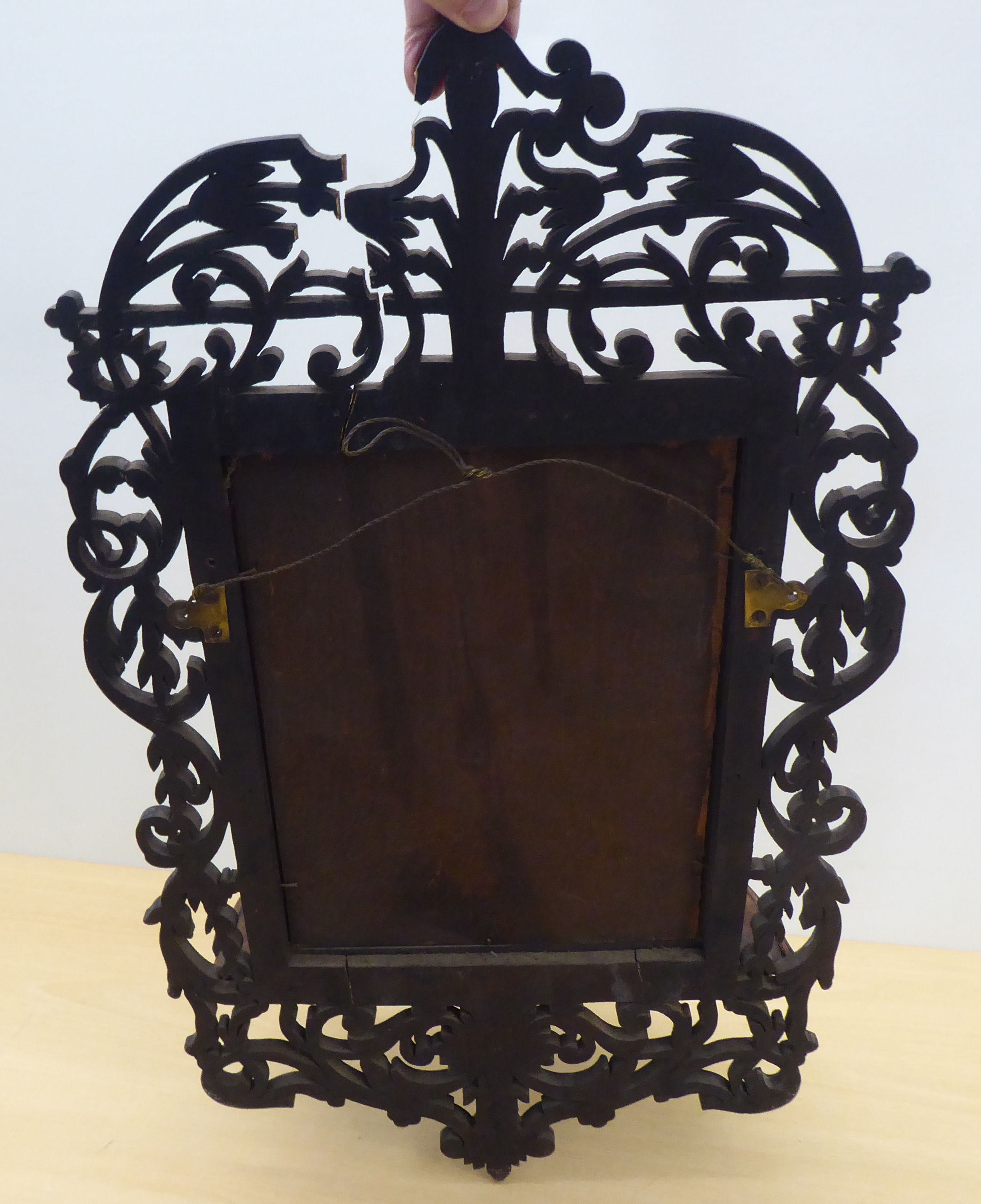 A 1930s oak front carved oak, mirrored and shelved bracket  26"h  14"w - Image 6 of 6