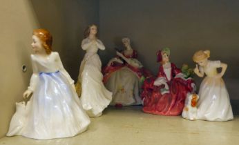 Five Royal Doulton china figures: to include 'Wistful'  HN2396  6.5"h; and 'Lydia'  HN1908  5"h