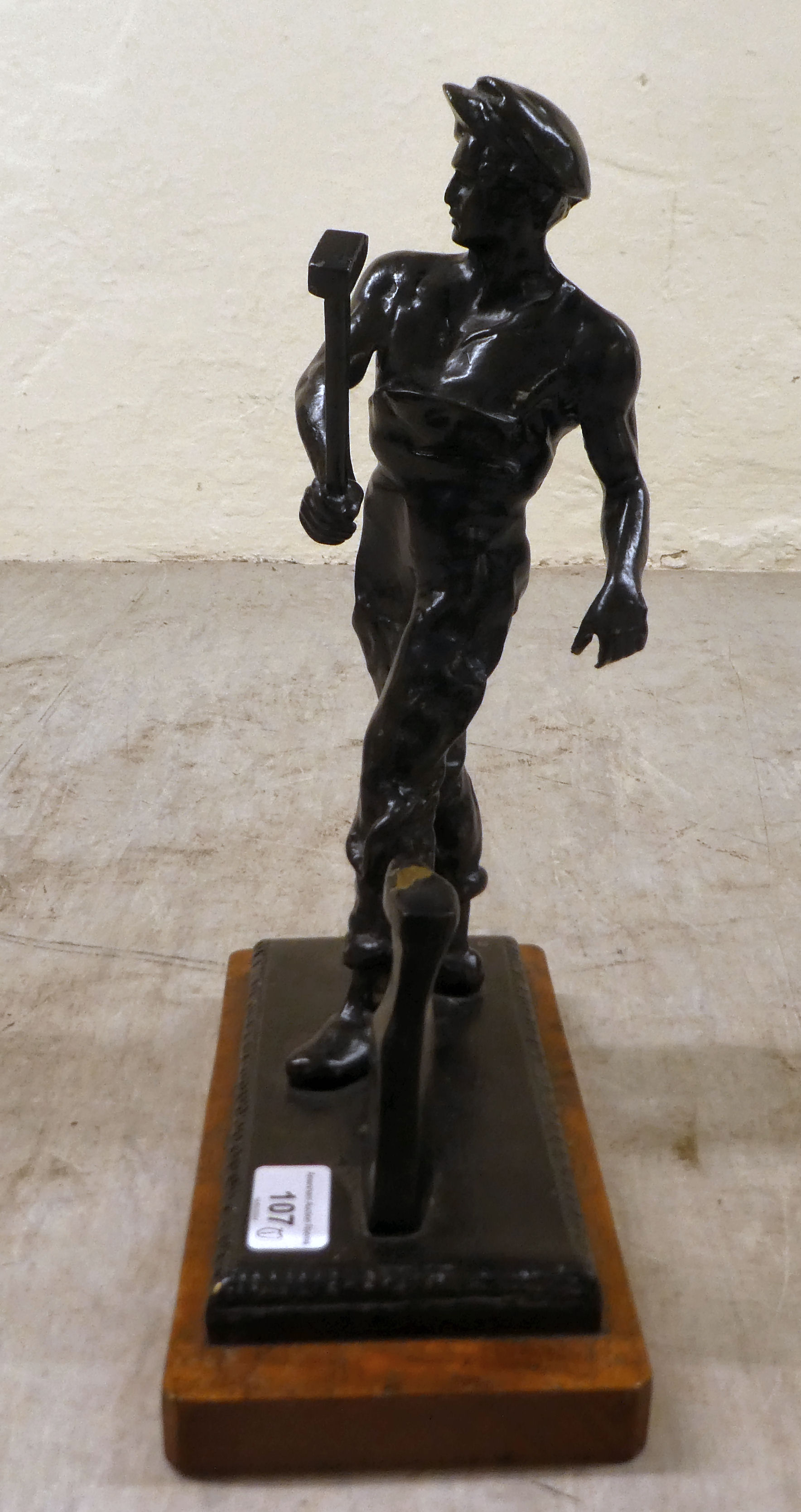 A patinated bronze model  'Ironmonger' on a wooden plinth  14"h - Image 4 of 5