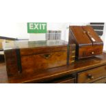 A 19thC brass banded walnut writing slope with straight sides and a hinged lid  7"h  20"w; and a