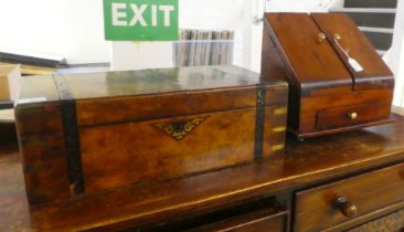 A 19thC brass banded walnut writing slope with straight sides and a hinged lid  7"h  20"w; and a