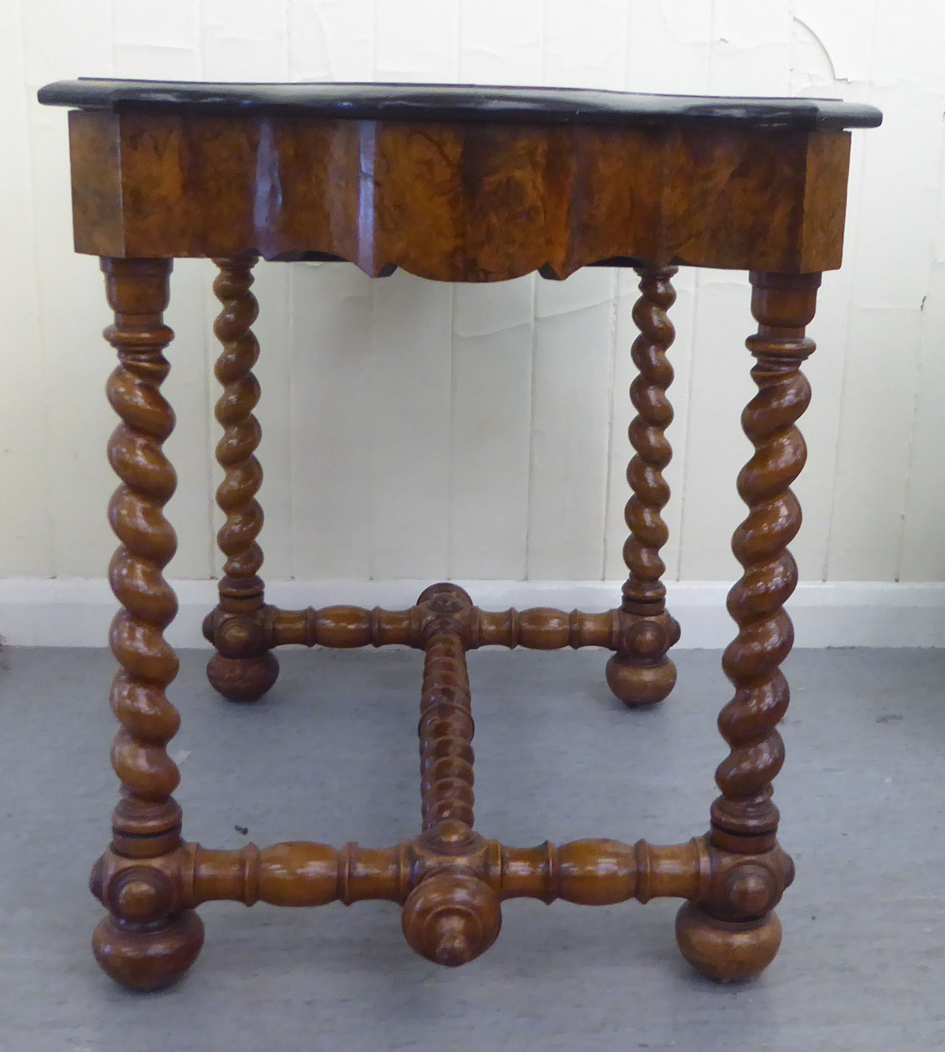 A late 19thC Continental figured walnut and floral marquetry games table with a serpentine - Image 2 of 4