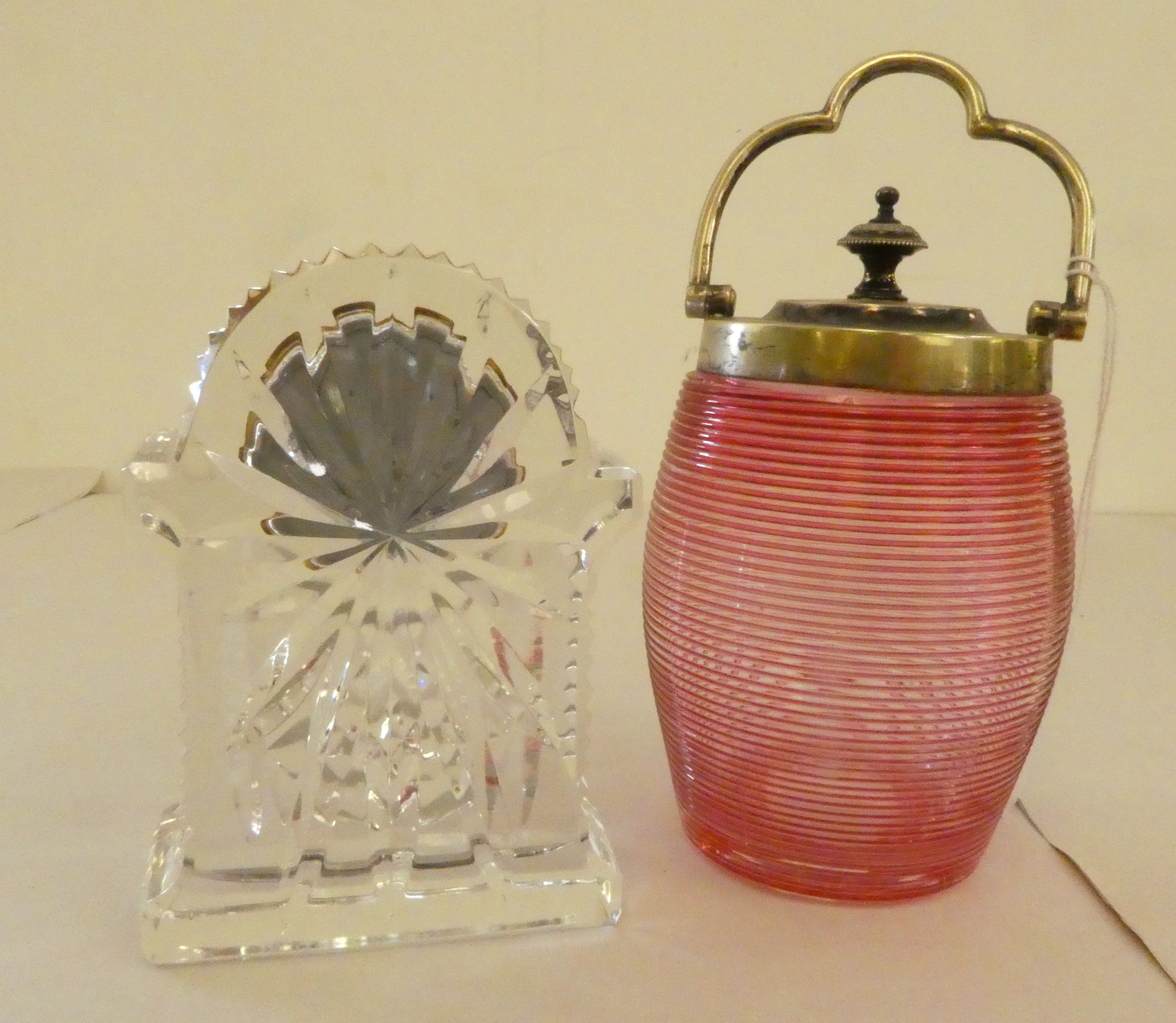 Glassware: to include a Cranberry preserve pot with a silver plated collar and lid  5"h - Image 2 of 4