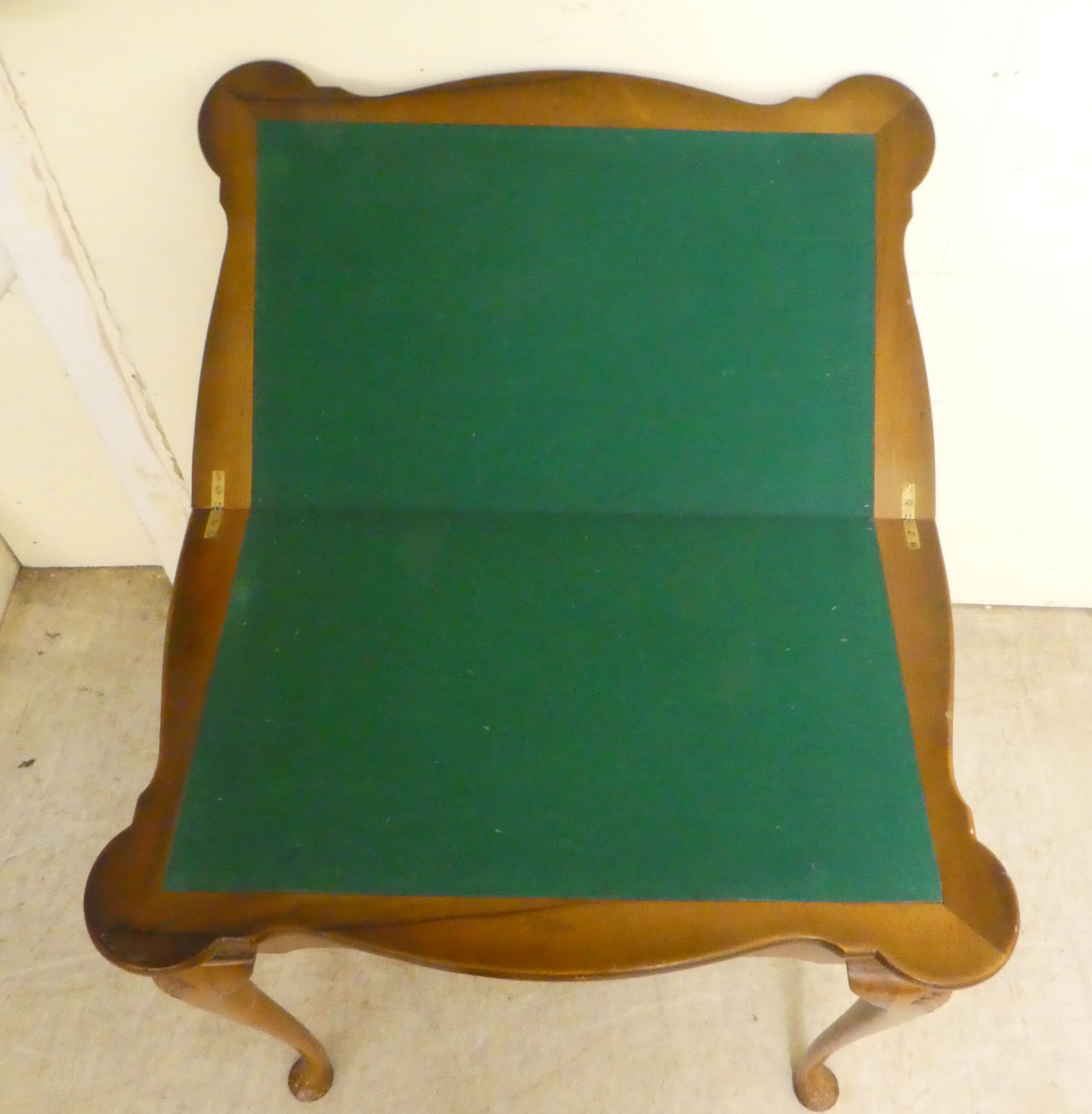 A mid 20thC Queen Anne style quarter walnut veneered card table, the hinged top over slender legs - Image 3 of 6