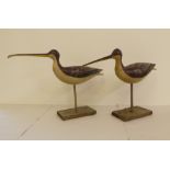 A pair of modern painted wooden decoy curlews, on plinths  12"h
