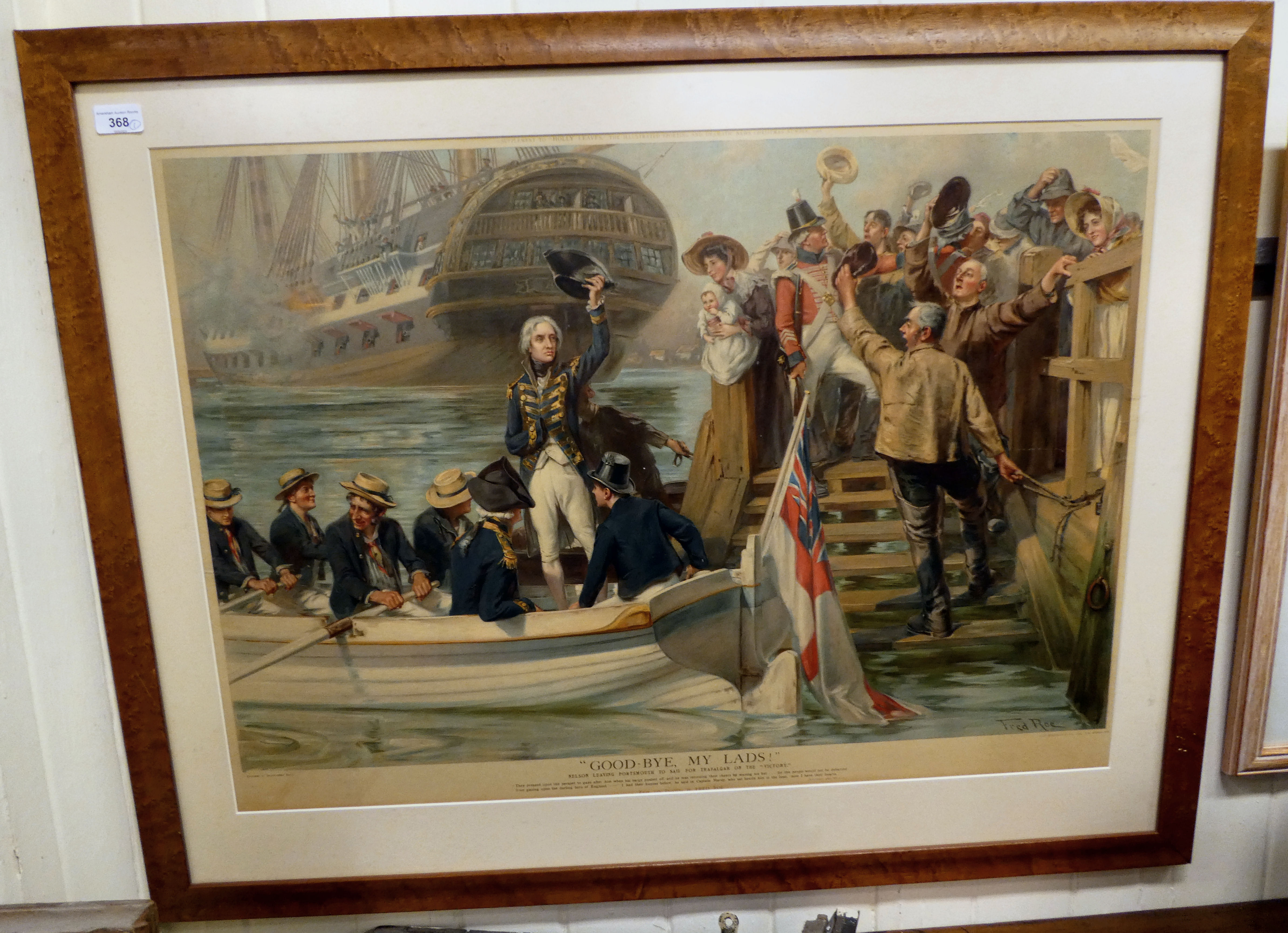 An early 20thC study 'Nelson leaving Portsmouth for Trafalgar'  print  23" x 33"  framed