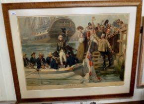 An early 20thC study 'Nelson leaving Portsmouth for Trafalgar'  print  23" x 33"  framed
