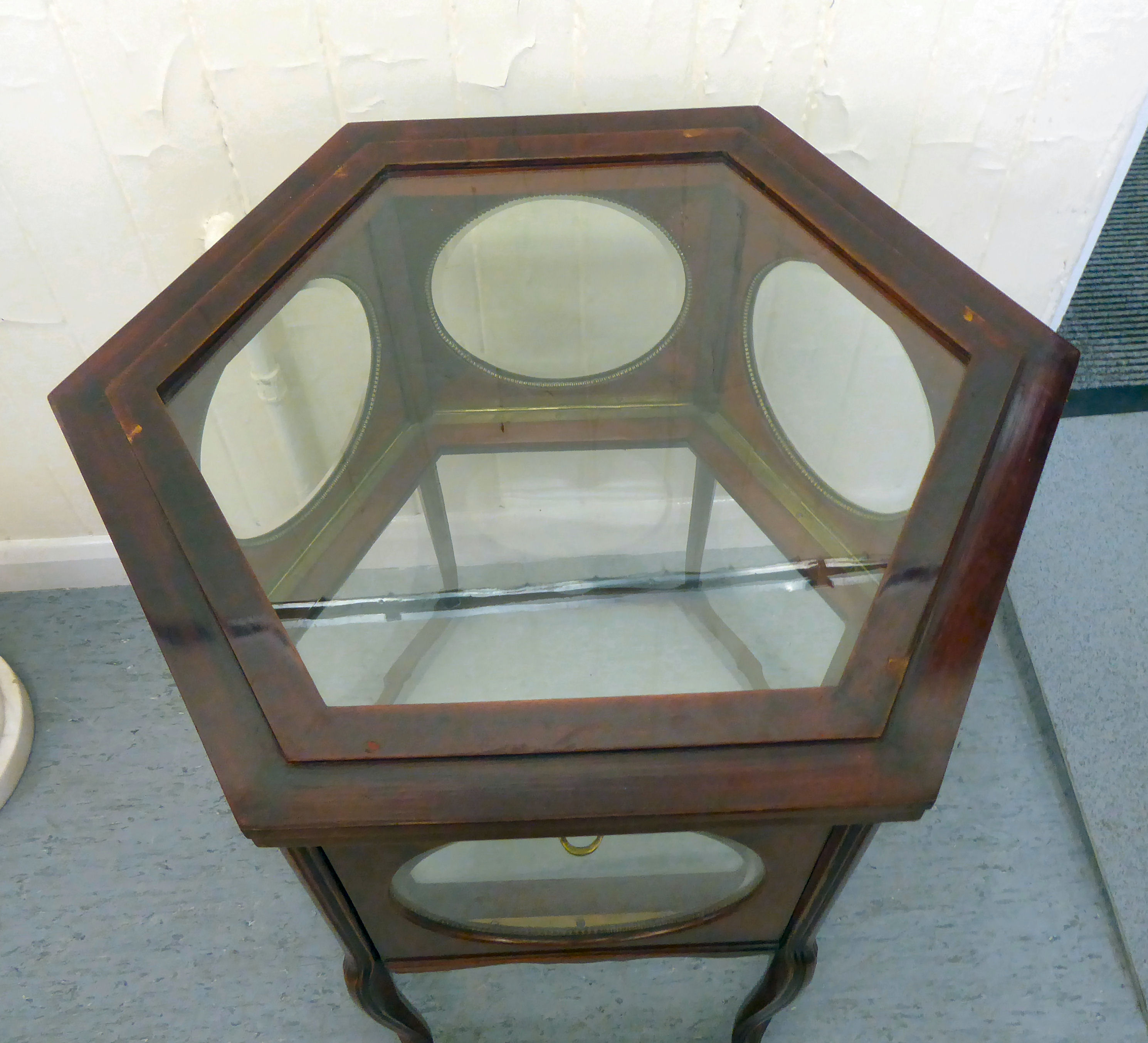 A 20thC mahogany framed and glazed panelled serving tray with a removable tray top and six hinged - Image 3 of 6