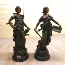 Two late 19thC French painted spelter figures 'Agriculture' and 'Commerce'  19.5"h