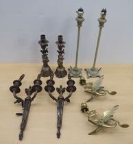 20thC lighting: to include a pair of cast antique finished brass twin branch appliques  13"h