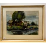 M Middlehoek - a canal scene  pen & watercolour  bears a signature  16" x 21"  framed