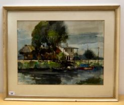 M Middlehoek - a canal scene  pen & watercolour  bears a signature  16" x 21"  framed