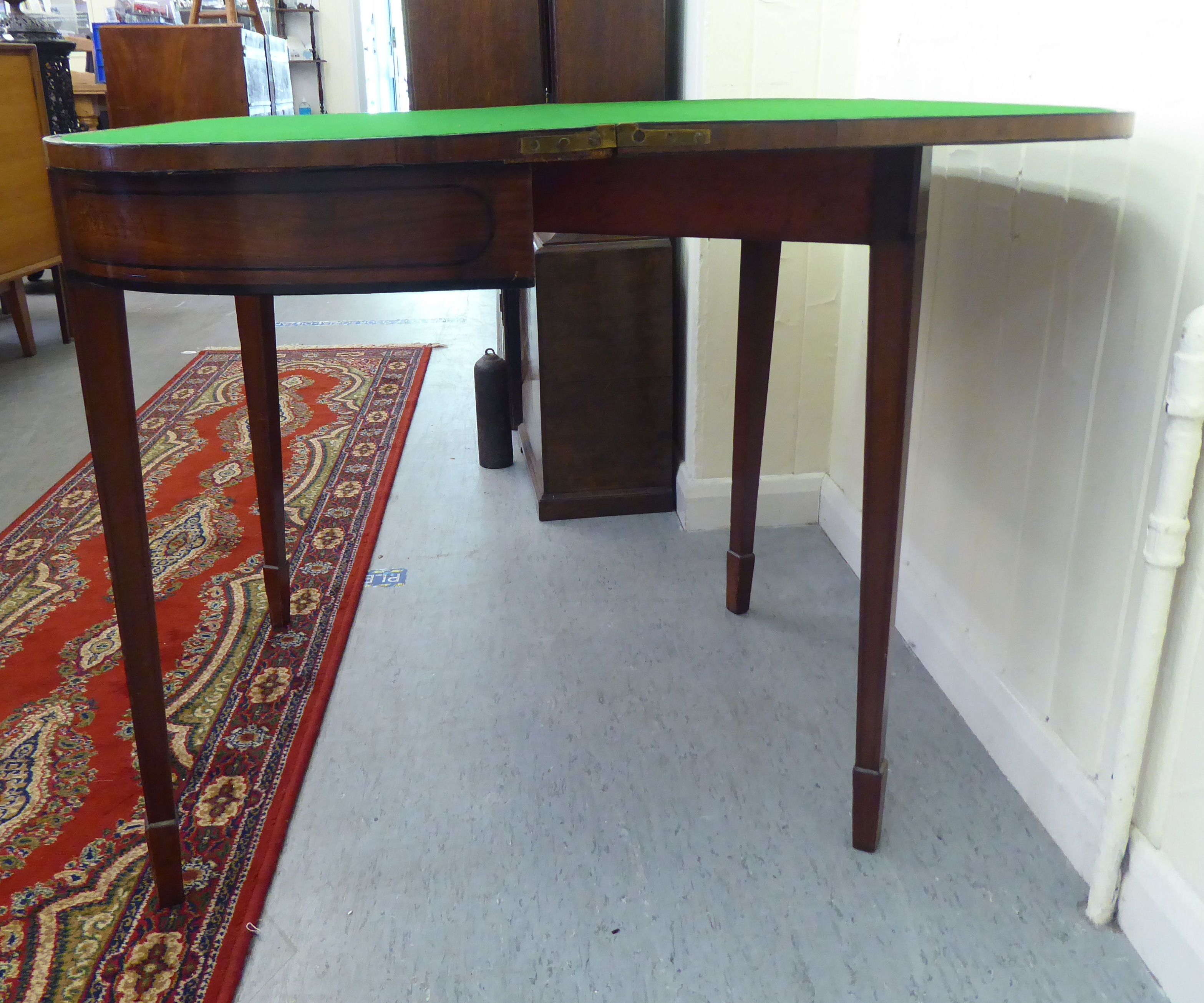 A 19thC string inlaid crossbanded mahogany D-end card table, the hinged top raised on square, - Image 4 of 4