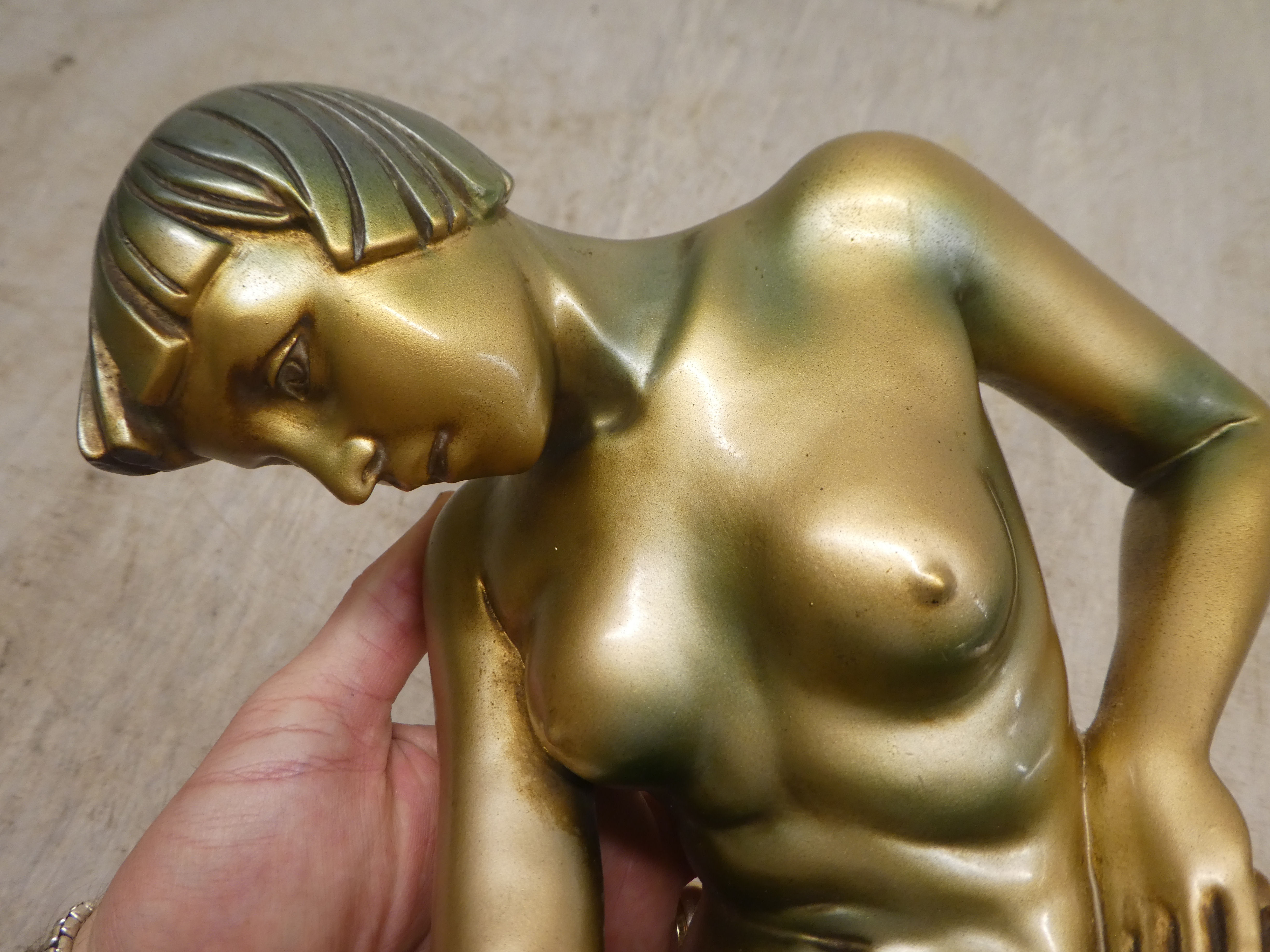 A 1930s Art Deco painted plaster figure, a kneeling nude  12.5"h - Image 6 of 7