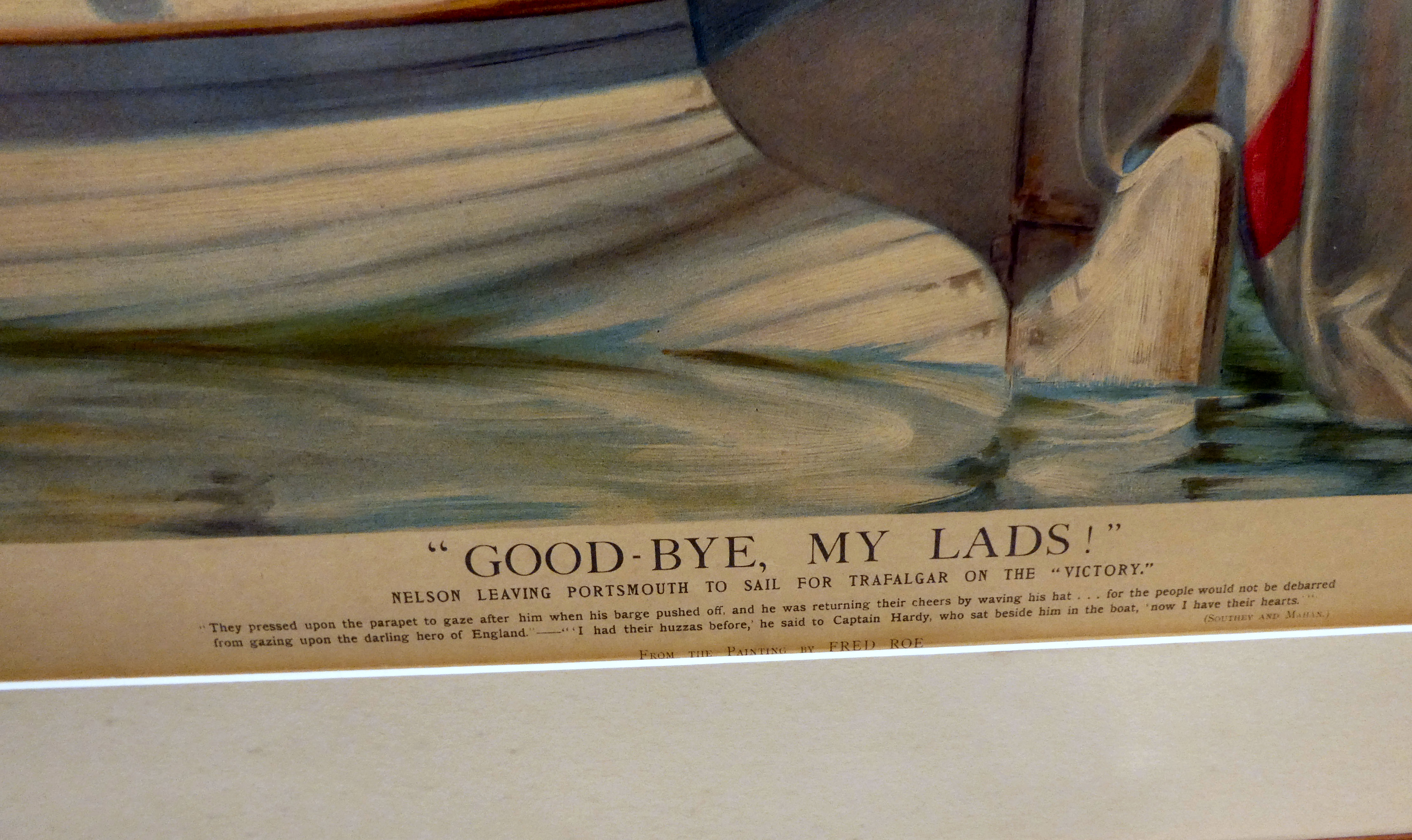 An early 20thC study 'Nelson leaving Portsmouth for Trafalgar'  print  23" x 33"  framed - Image 3 of 3