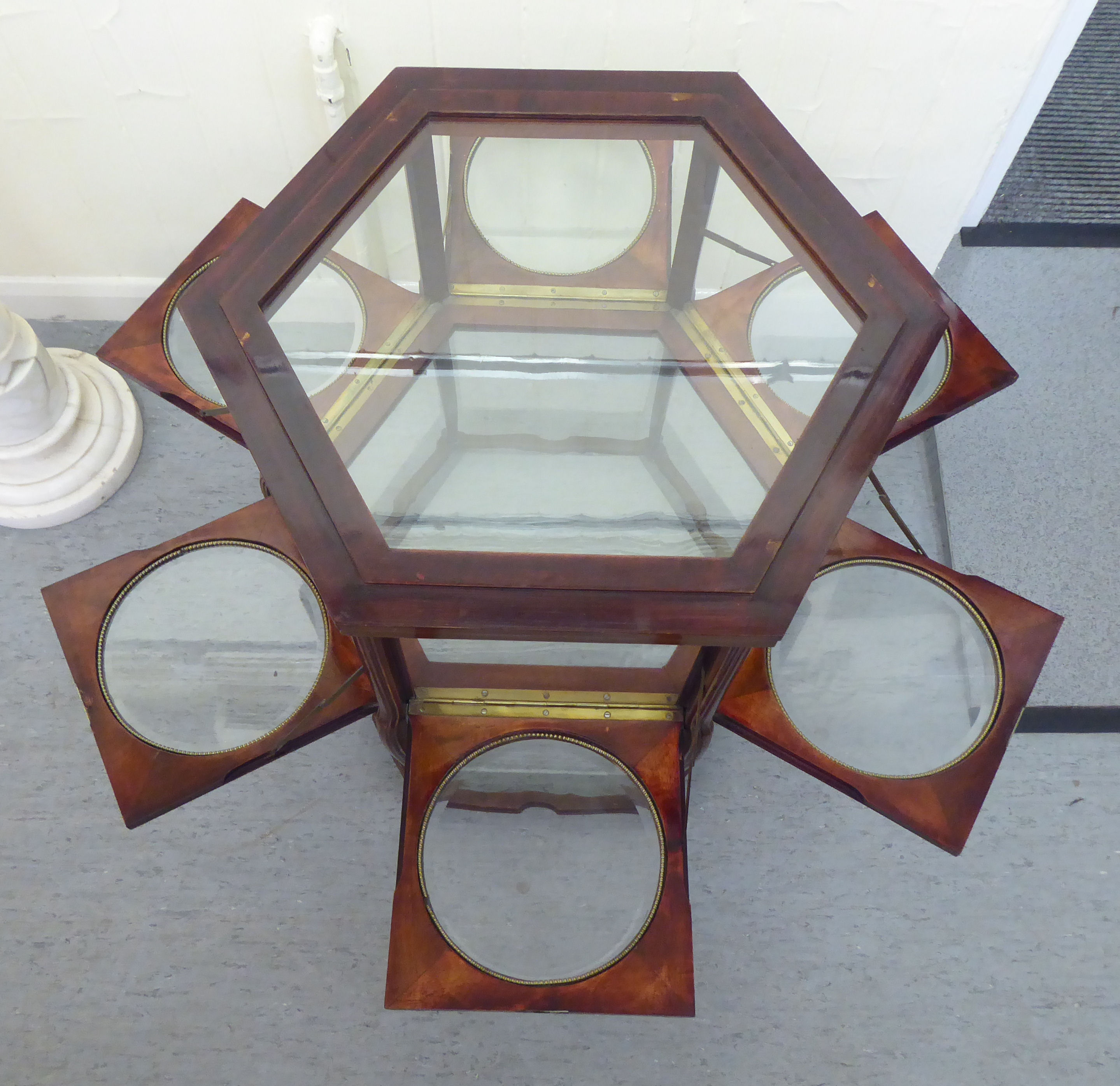 A 20thC mahogany framed and glazed panelled serving tray with a removable tray top and six hinged - Image 6 of 6