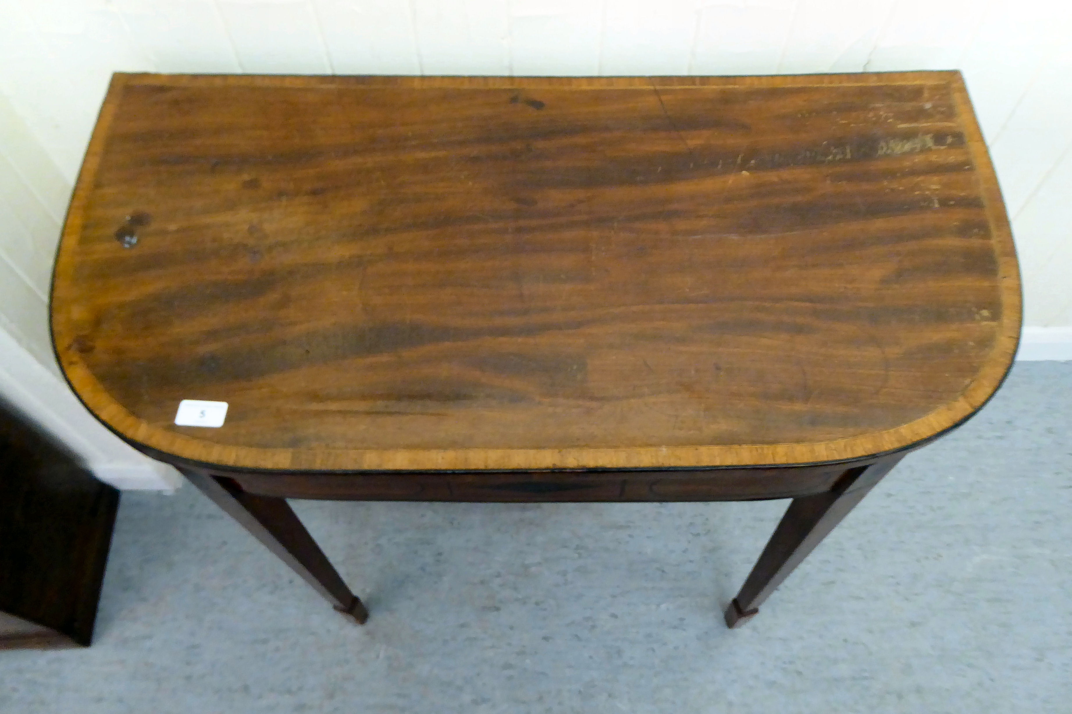 A 19thC string inlaid crossbanded mahogany D-end card table, the hinged top raised on square, - Image 2 of 4