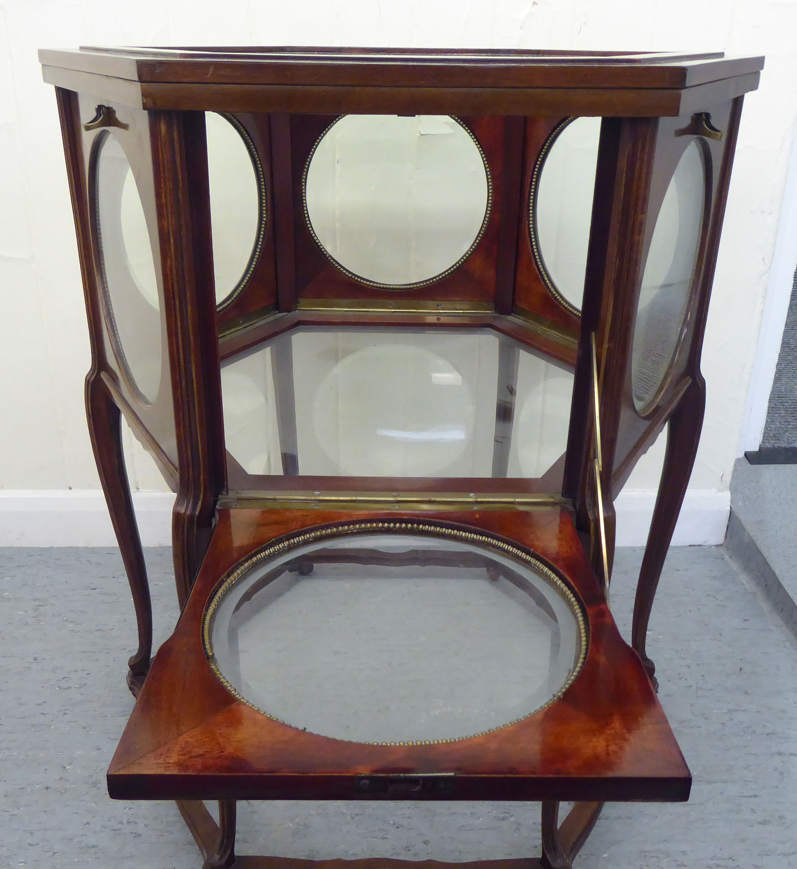 A 20thC mahogany framed and glazed panelled serving tray with a removable tray top and six hinged - Image 4 of 6