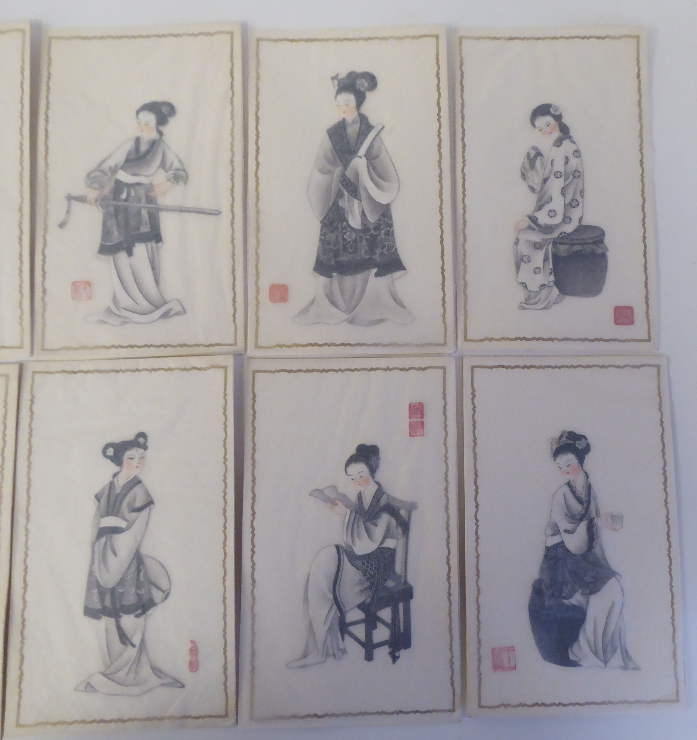 A series of twelve 20thC Chinese figure studies - young women, displaying fashionable costumes - Image 4 of 6