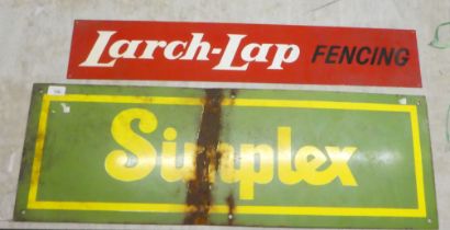 A vintage enamelled cast metal yellow on green sign 'Simplex' 12" x 36"; and a white on black and