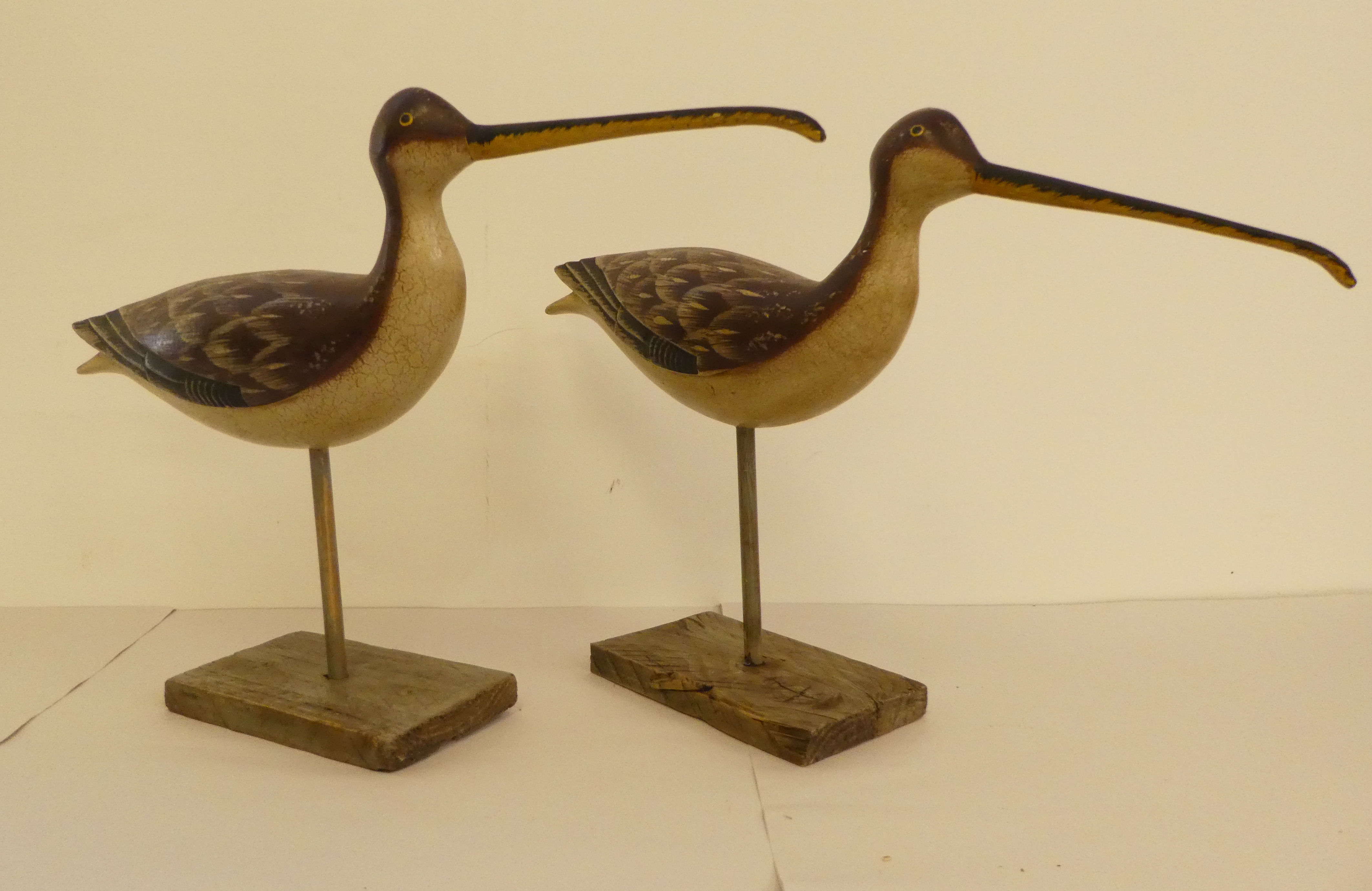 A pair of modern painted wooden decoy curlews, on plinths  12"h - Image 2 of 2