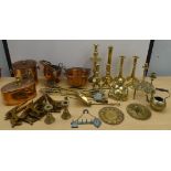 20thC metalware, mainly hearth related, candlesticks and other functional brass