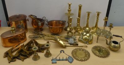 20thC metalware, mainly hearth related, candlesticks and other functional brass