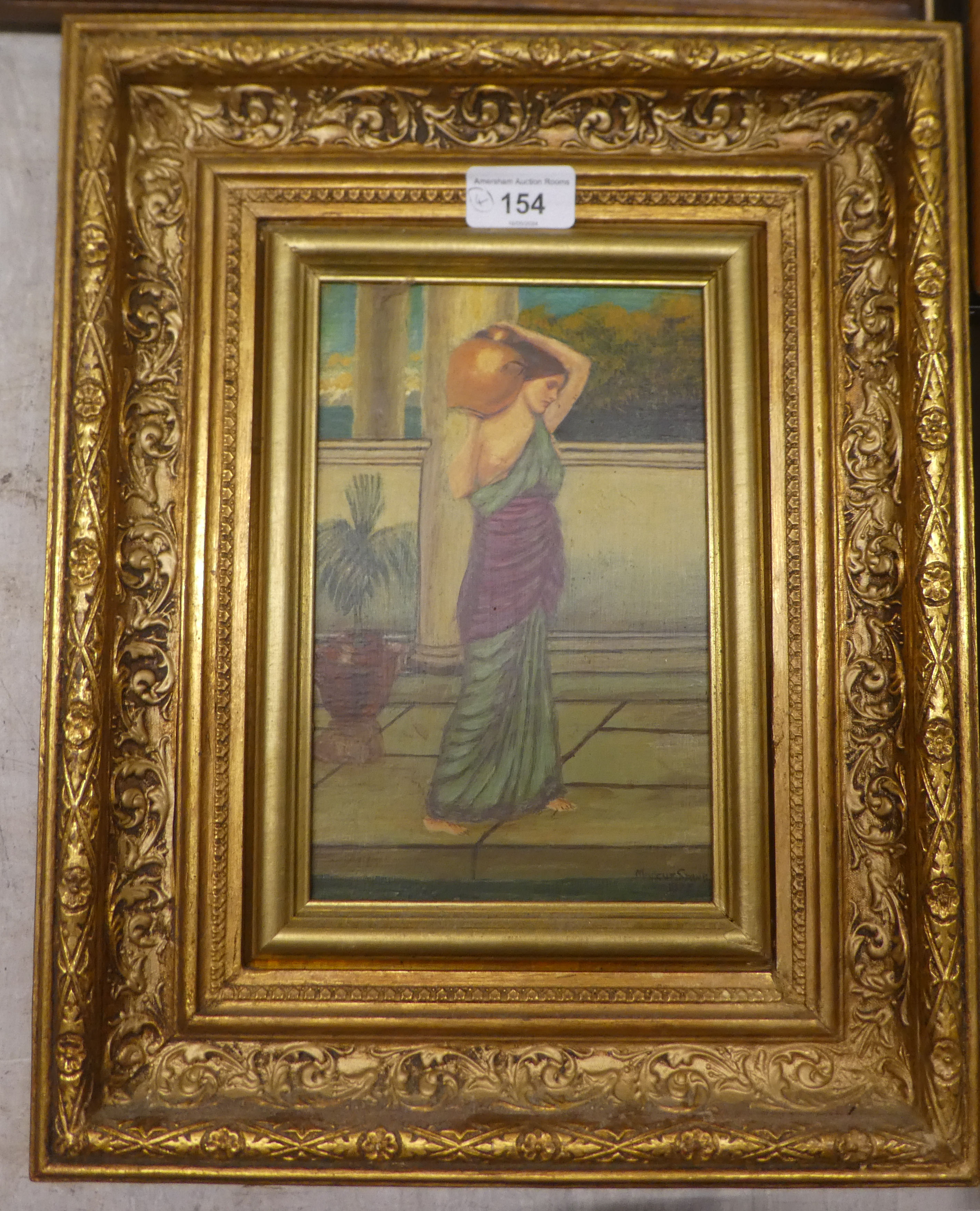 Pictures: to include a pre-Raphelite study - a woman holding a water vessel  oil on panel  9" x - Image 4 of 8