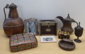 Mainly late 19th to mid 20thC Middle Eastern metalware and overpainted black lacquered boxes