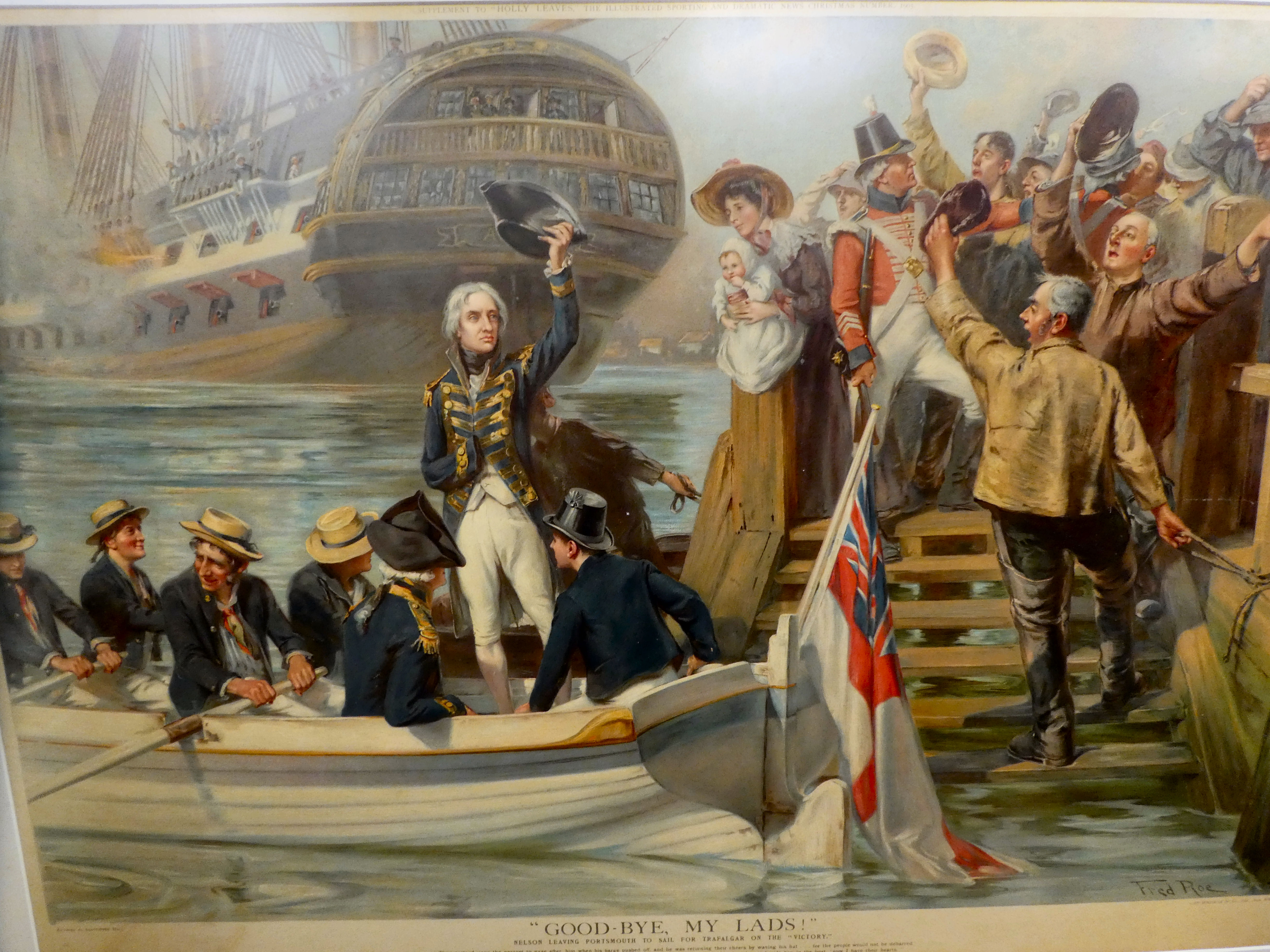 An early 20thC study 'Nelson leaving Portsmouth for Trafalgar'  print  23" x 33"  framed - Image 2 of 3