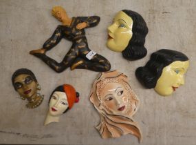 1930s and later china and plaster flatback masks: to include a Crown Devon example by Dorothy Ann, a
