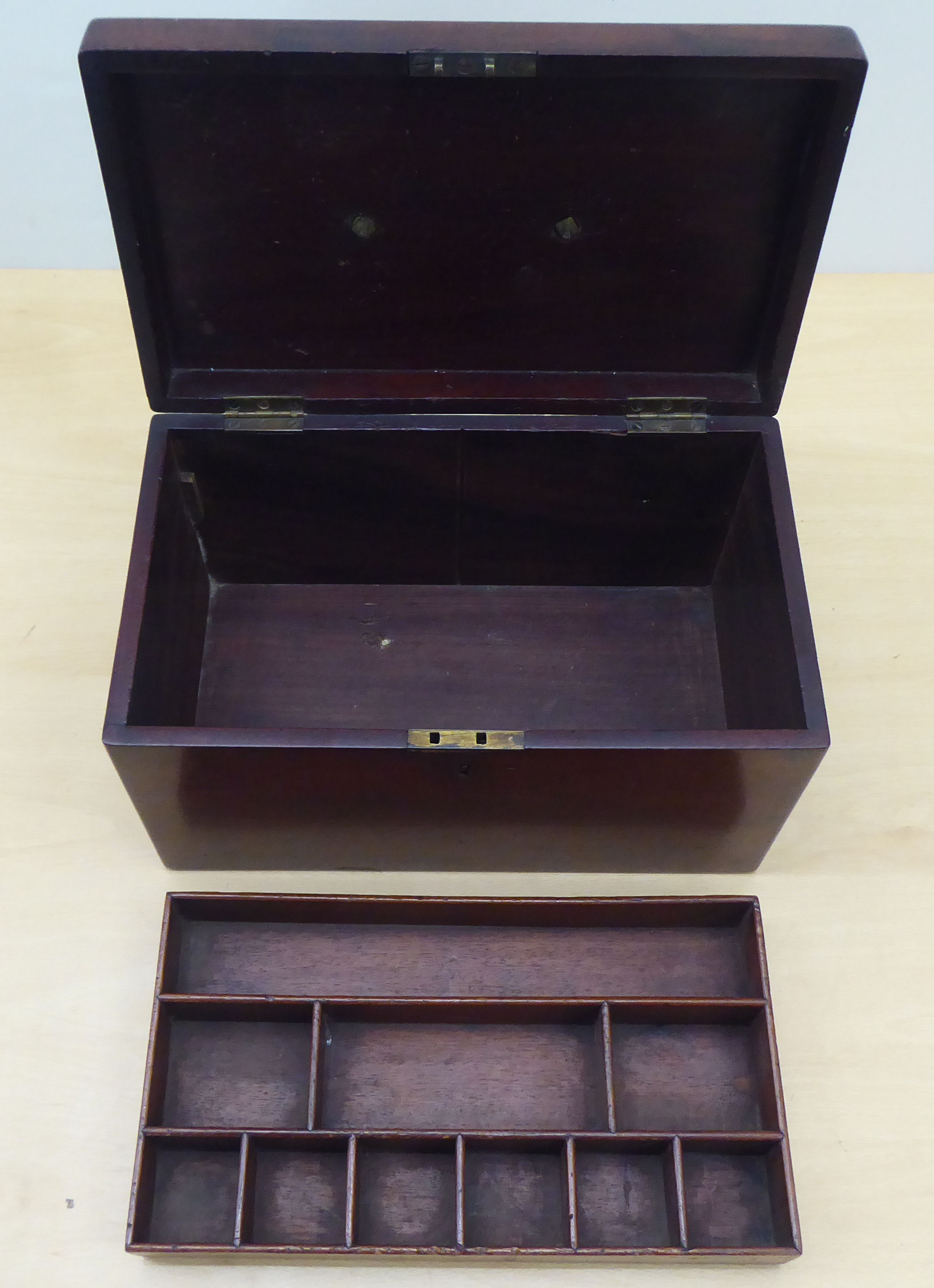 A late 19thC mahogany box with straight sides and a hinged lid with a removable tray fitted interior - Image 2 of 2