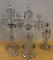 Two pairs of moulded glass candelabra with crystal pendants  22" and 13"h