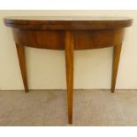 A late 19thC mahogany D-end tea table, the hinged lid raised on square, tapered legs  31"h  41"w