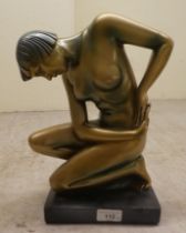 A 1930s Art Deco painted plaster figure, a kneeling nude  12.5"h