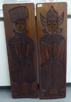 Two modern Flemish inspired stained wooden panels  39"h  11"w