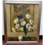 Freda Manston - a still life study, chrysanthemums in a vase  oil on canvas  bears a signature  21.