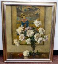 Freda Manston - a still life study, chrysanthemums in a vase  oil on canvas  bears a signature  21.