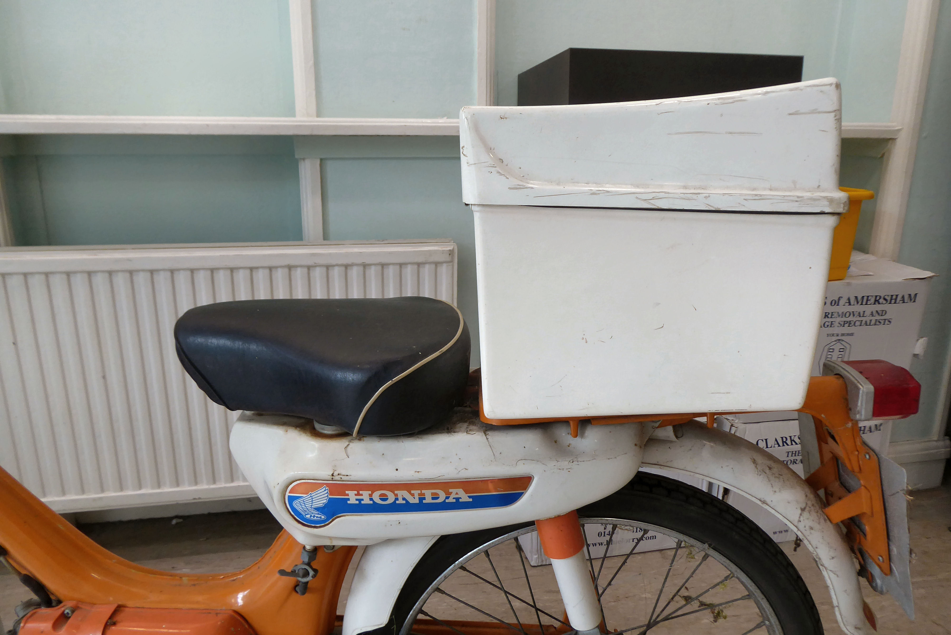 A 1975 Honda 49cc moped in orange and white livery, original registration plates for JGS 258N but no - Image 9 of 12