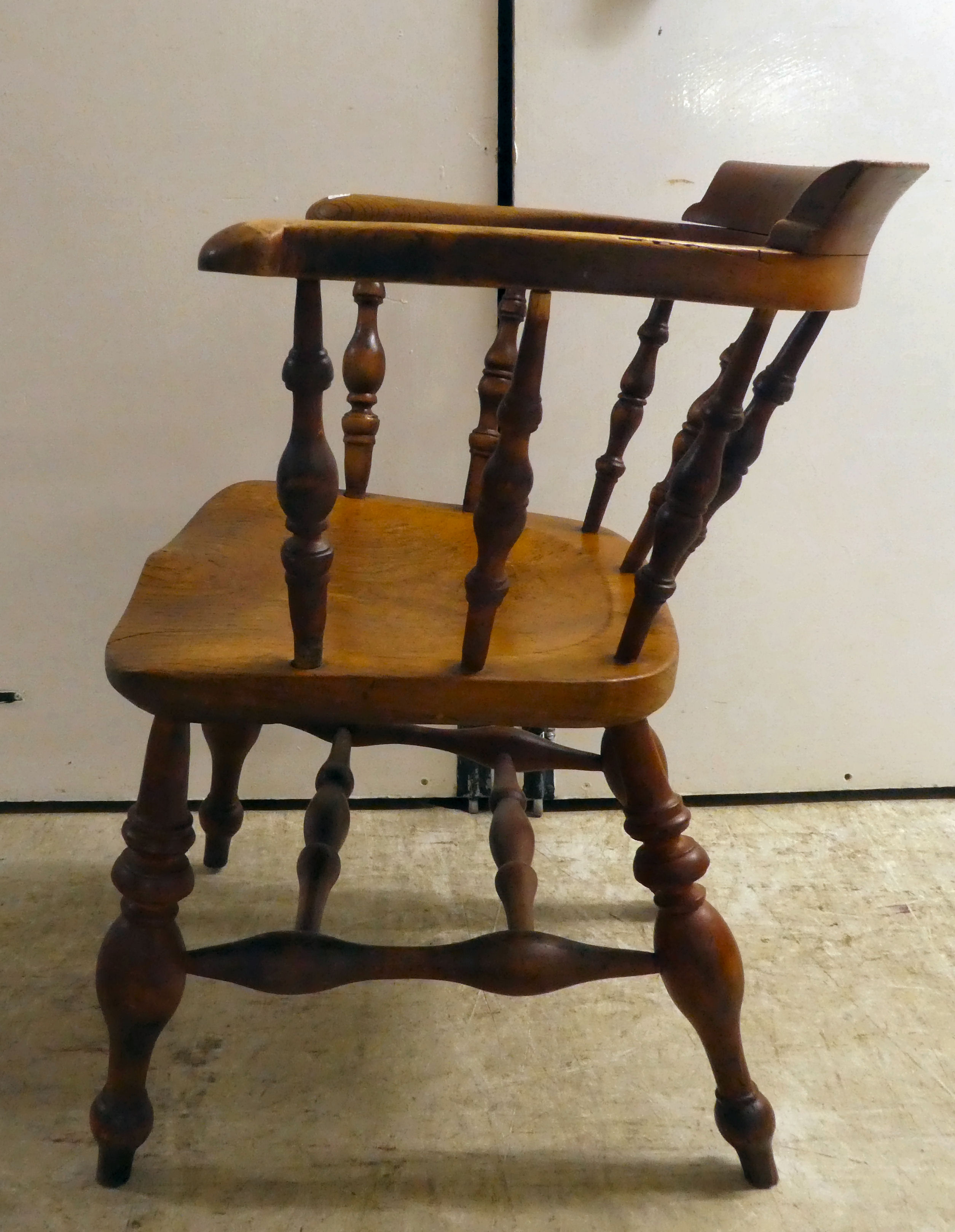 An early 20thC beech and elm framed captain's design desk chair, the solid seat raised on turned - Image 3 of 5