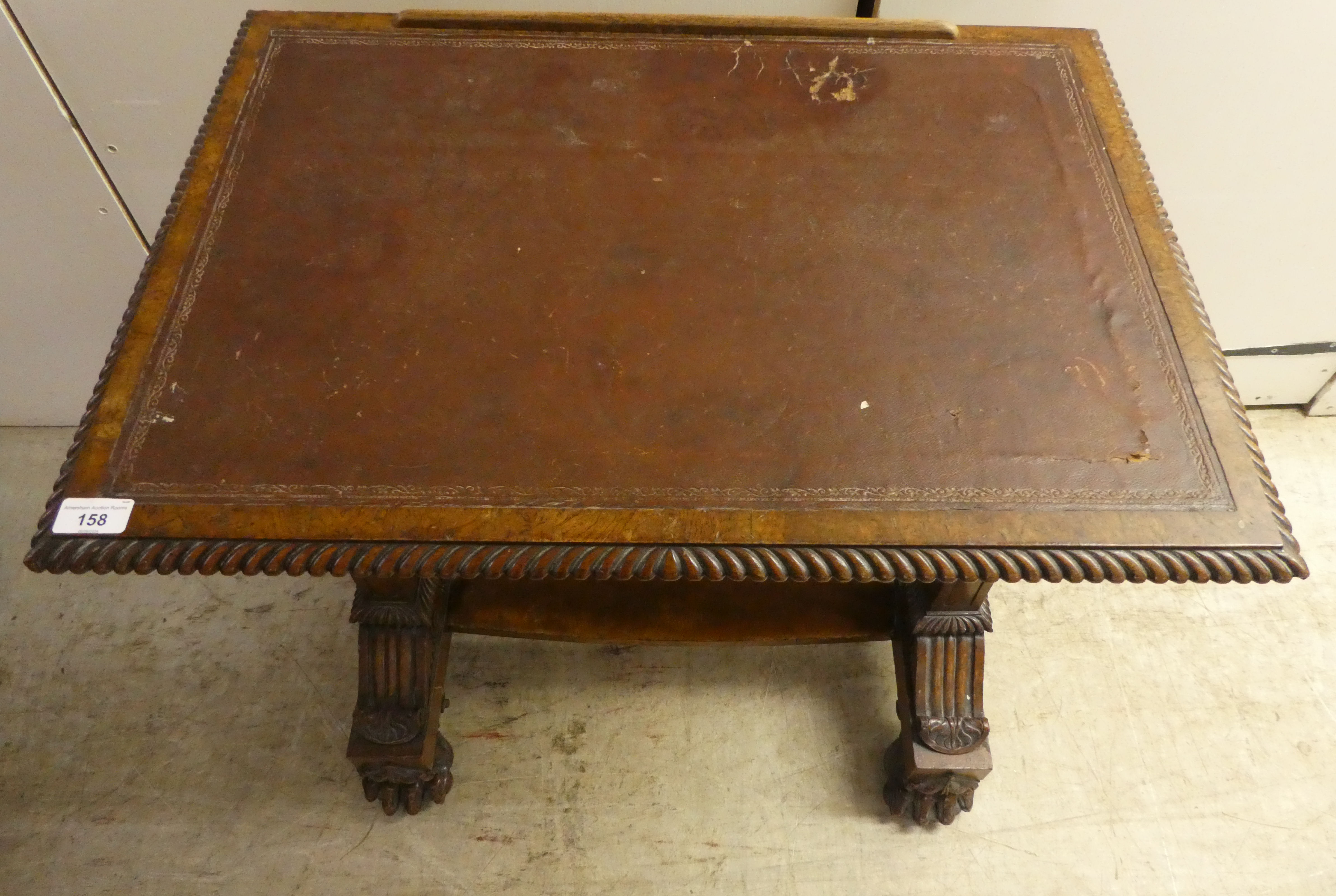 An early Victorian burr walnut writing table, the top with a hinged, tooled scriber, over opposing - Image 2 of 6