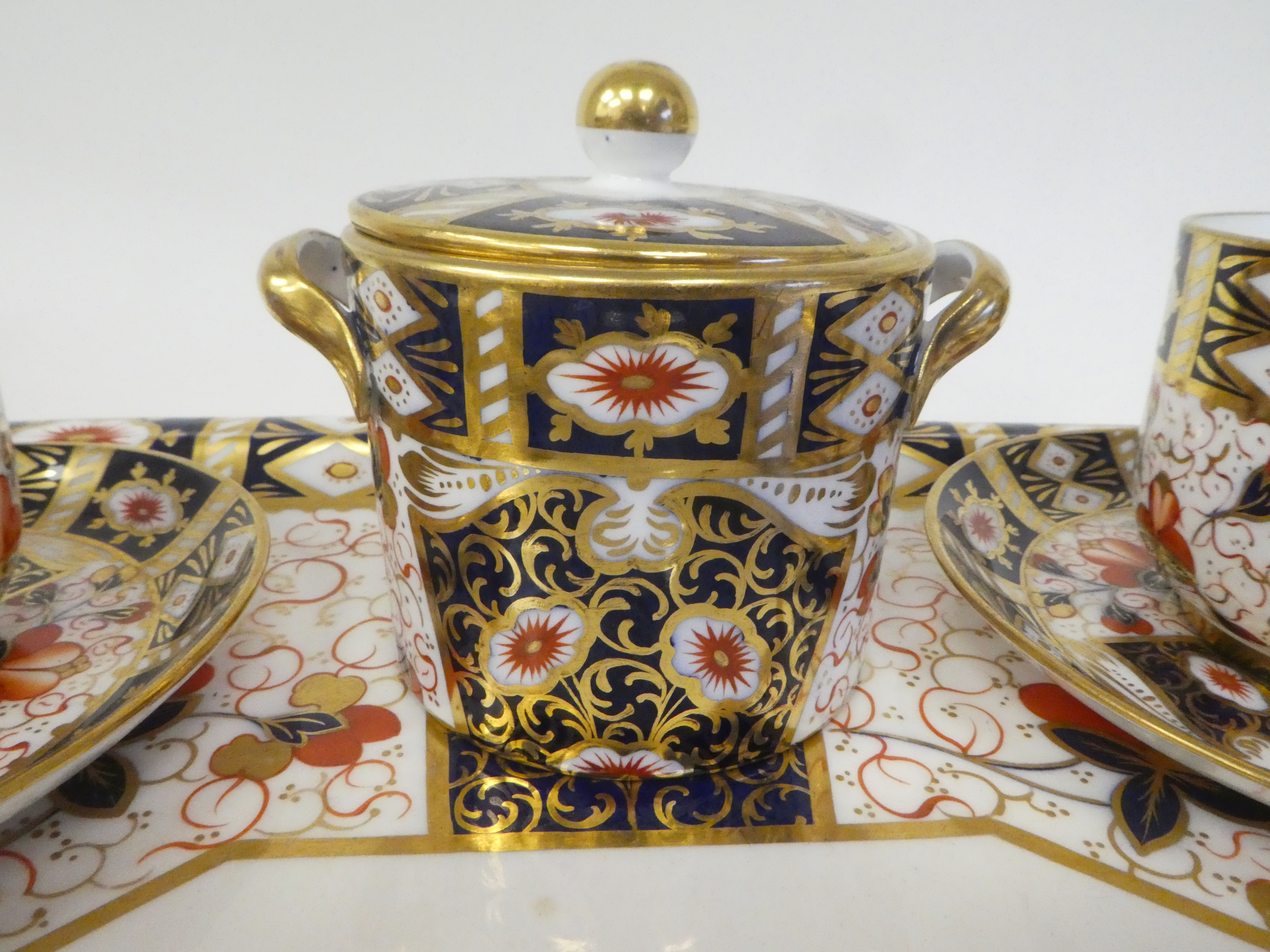 A Wedgwood china Old Imari pattern tea set  comprising a drum design teapot, twin handled sugar - Image 5 of 6