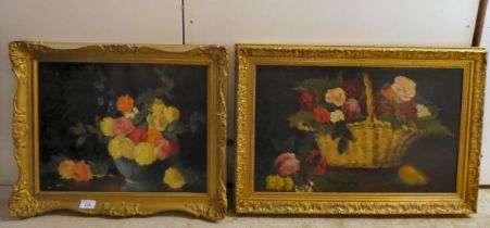 Two similar late 19th/early 20thC floral studies  oil on canvas  13" x 17" & 13" x 21"  framed